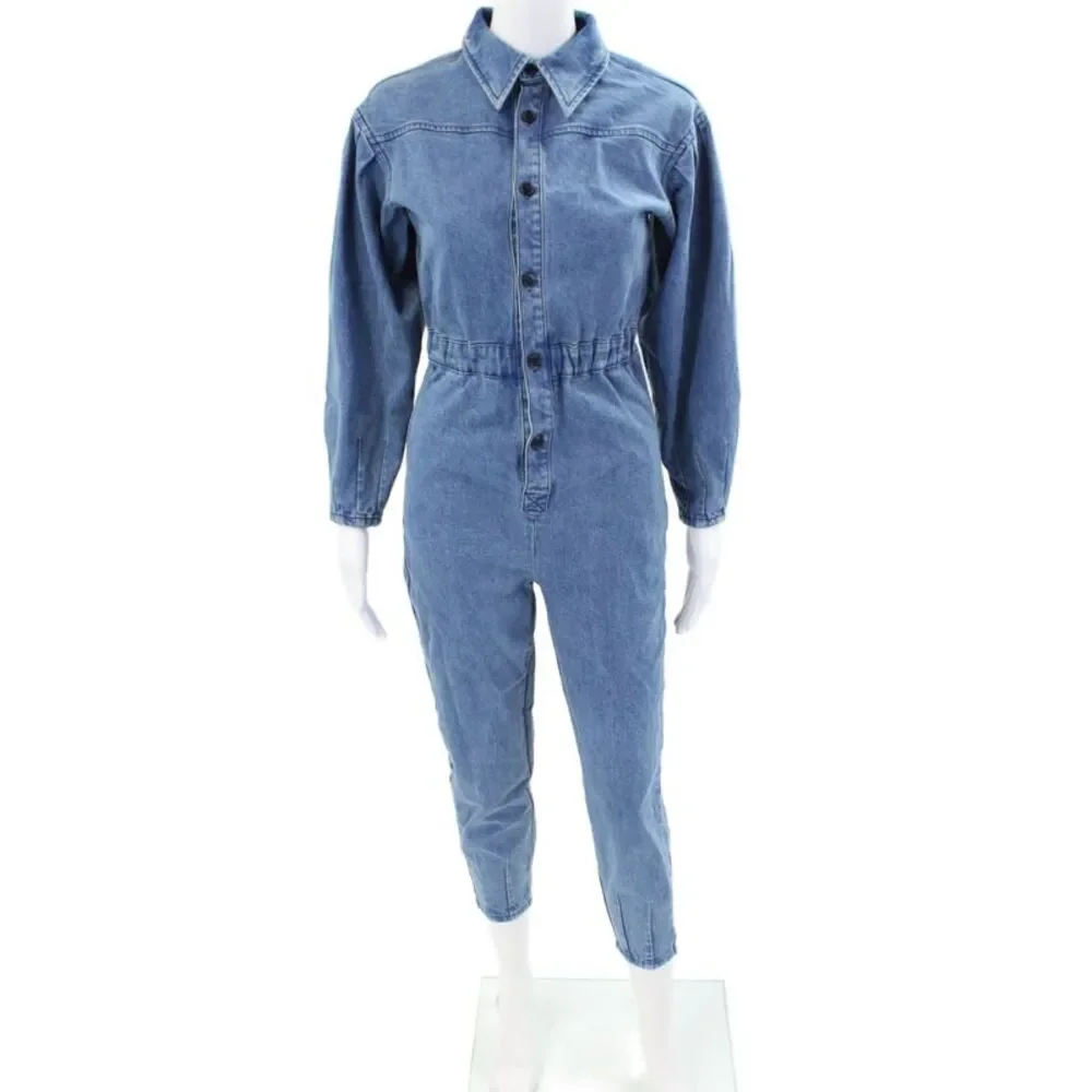 Something Navy Women's Medium Wash Straight Leg Denim Jumpsuit Size XXS